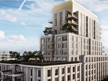 An exterior rendering of Balmoral, a white building with three levels.