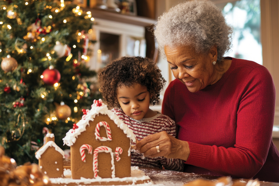 A girl and a senior build a gingerbread house together, working near the Christmas tree.