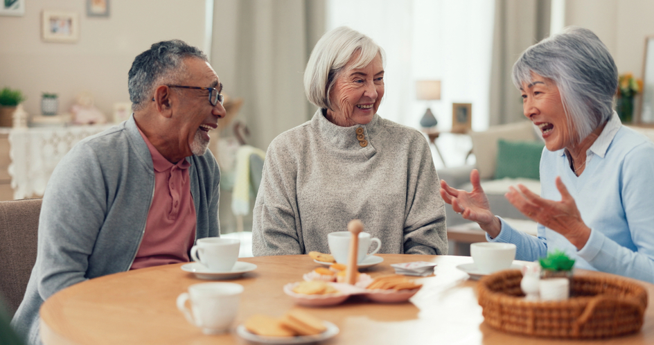 Seniors seated at a table together chat.