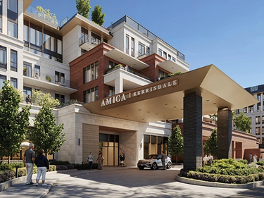 An exterior rendering of the front entrance of Amica Kerrisdale.