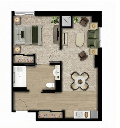 Amica Balmoral - Assisted Living one-bedroom suite floorplan Amica Balmoral - Assisted Living one-bedroom (suite 410, 664 sq. ft.) enhanced floorplan.