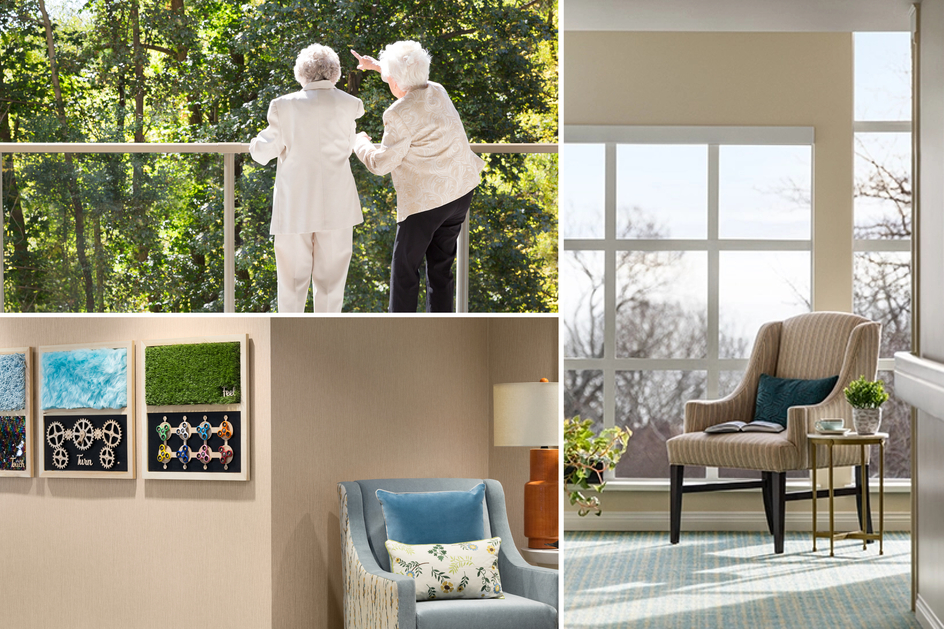 A collage of images shows two seniors pointing out ahead on a balcony, a wall hanging showing different textiles and a chair in a nook by the window.