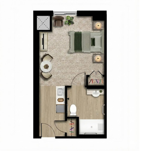 Amica Balmoral - Assisted Living studio suite floorplan Amica Balmoral - Assisted Living studio (suite 403, 448 sq. ft.) enhanced floorplan.