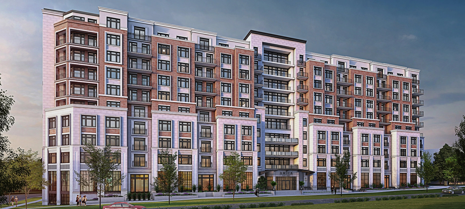 An exterior shot of Amica Glen Abbey, which is multi-level, two-colour building.