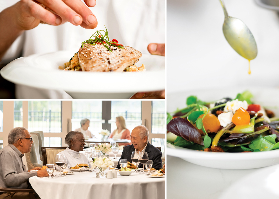 An image of chicken being plated, an image of colourful salad on a white plate and three seniors dining in an elegant, bright setting.