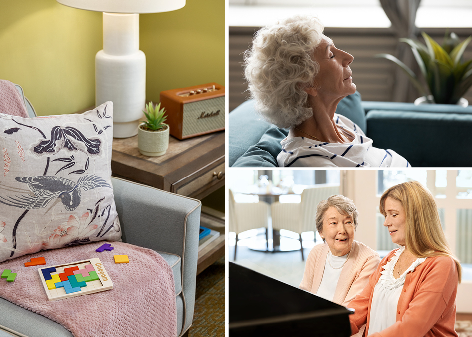 Photo collage to show Memory Care. Image of puzzle on chair, woman leaning back and relaxing with her eyes closed in a chair; a senior woman sits with another woman at a piano.