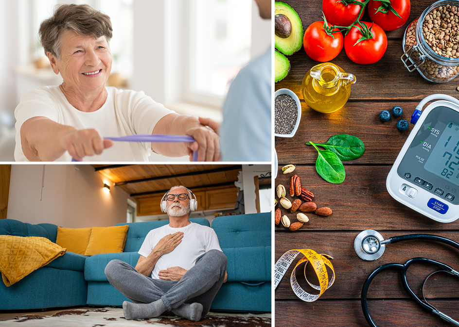 Senior woman works out with resistance bands, senior man meditates on the floor in headphones, and tomatoes, nuts, avocados and more surround medical heart-monitoring devices.