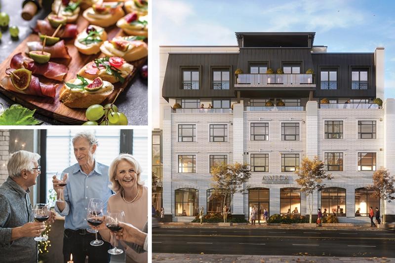 A photo collage, including a platter of tapas, three people at a social gathering, and an outside shot of Amica Aurora Promenade.