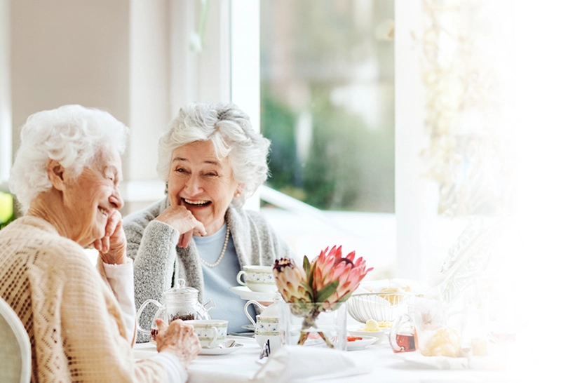 Two women sit laughing together over a cup of tea while sitting by a window.