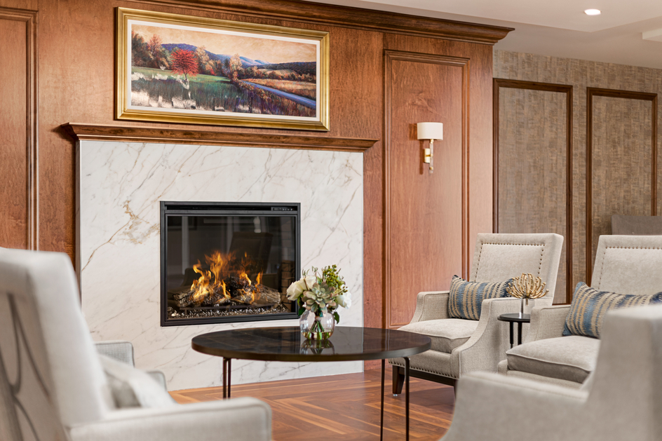 Lounge lobby with a fireplace