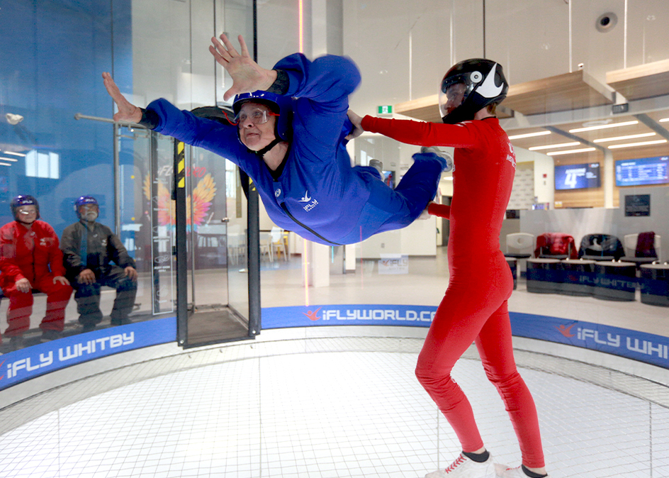 A group of Amica potential residents and current residents visited an indoor skydiving venue as part of a Bucket List group.