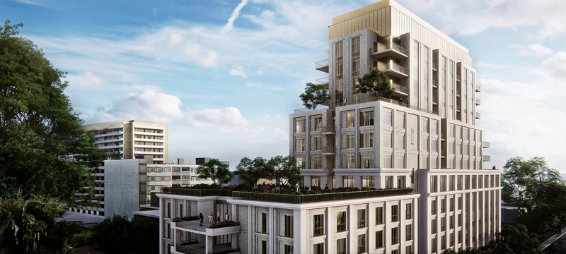 An exterior rendering of Balmoral, a white building with three levels.