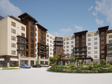 Thoughtfully designed to fit with the neighbourhood, life at Amica Taunton starts with a beautiful and accessible retirement residence in Whitby complete with private suites and townhomes and premium amenities and services. Exterior rendering of Amica Taunton