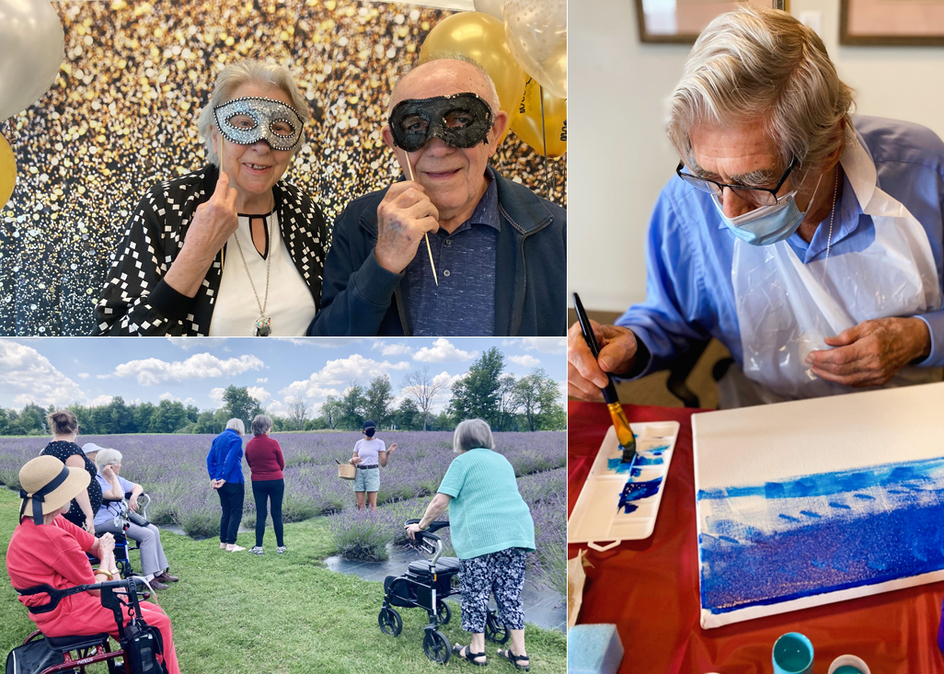 A collage of seniors participating in fun activities like lavender farming, water colour painting and fancy dress-up