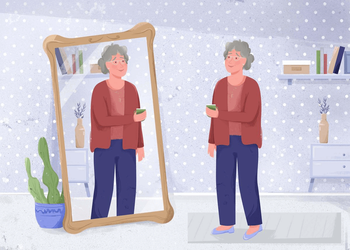 GIF of a senior woman looking in the mirror before and after living with Parkinson's and experiencing hallucinations