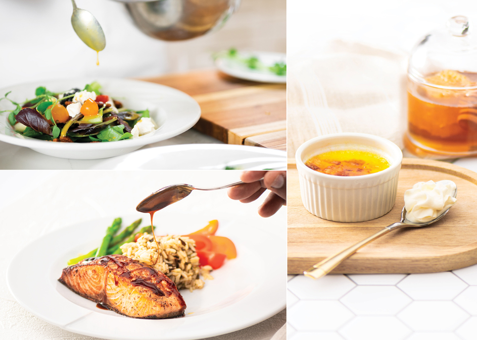 A collage of our Alveole honey salad, salmon and creme brulee recipes.