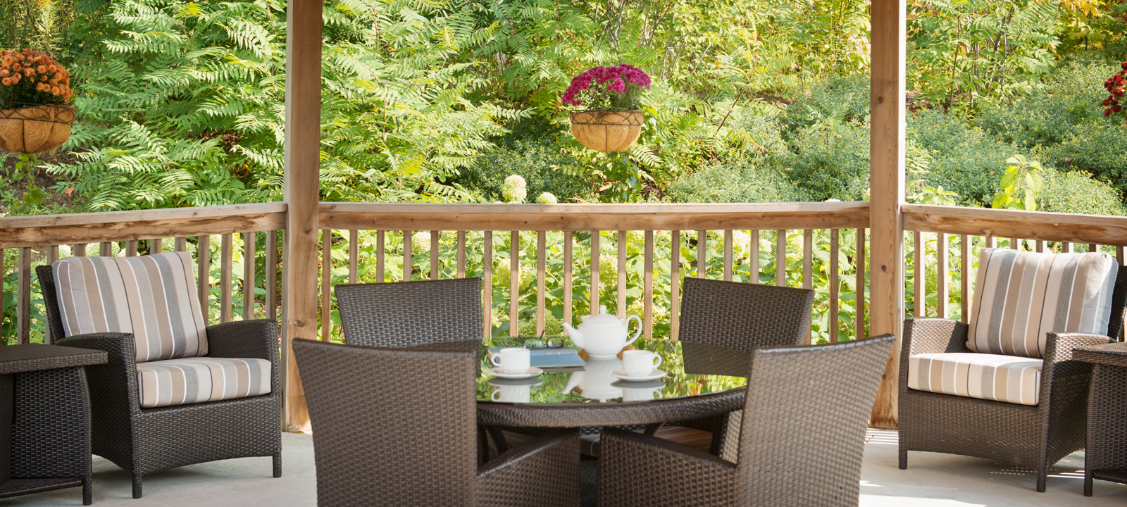 Outdoor terrace patio at Amica Little Lake senior living residence.